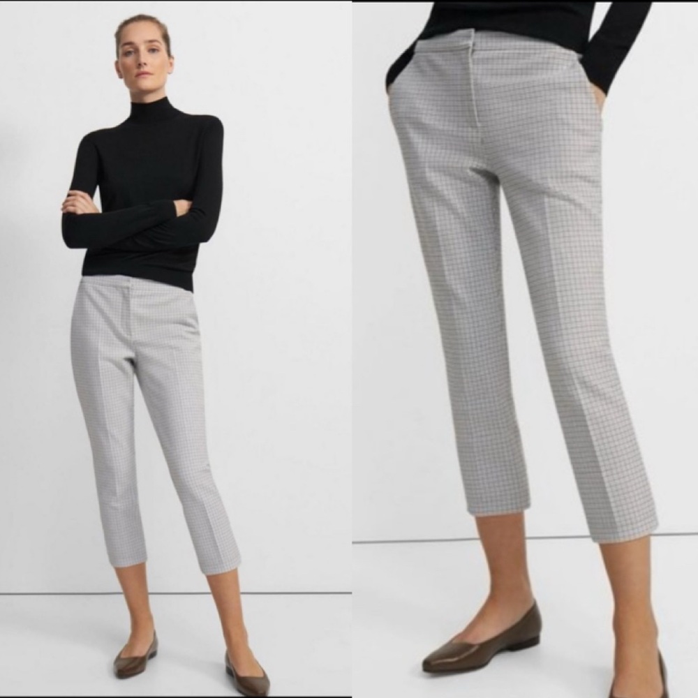 Theory Easy Capri Straight Leg Pant Grid Check Stretch Cotton White Black 4 NWT
